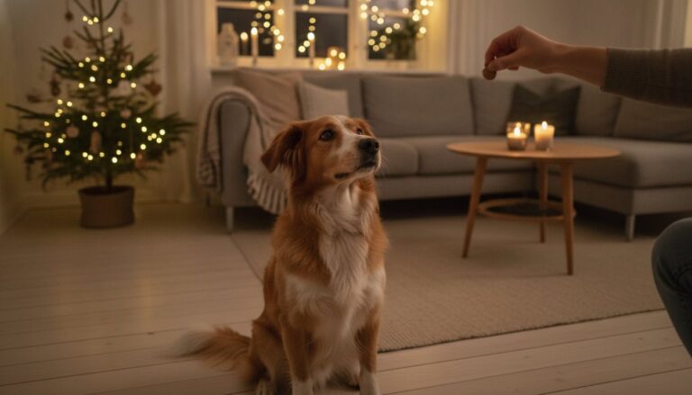 Hund sitter rolig foran eieren og venter på en godbit i en julepyntet stue